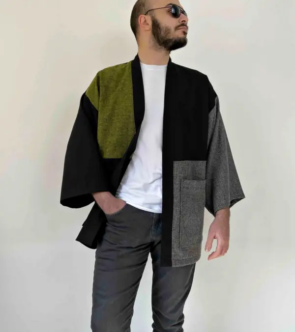 Men Japanese Kimono Cardigan, Streetwear Loose Haori Coat, Fall Patchwork Jacket, Flannel Urban Clothing - Image 2