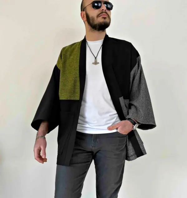 Men Japanese Kimono Cardigan, Streetwear Loose Haori Coat, Fall Patchwork Jacket, Flannel Urban Clothing