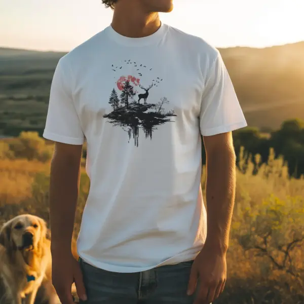 Men's T-Shirt white Deer - Sunset - Wilderness - Outdoor Man Organic Shirt - 100% Cotton