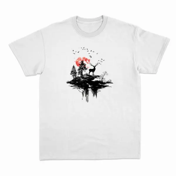 Men's T-Shirt white Deer - Sunset - Wilderness - Outdoor Man Organic Shirt - 100% Cotton - Image 2